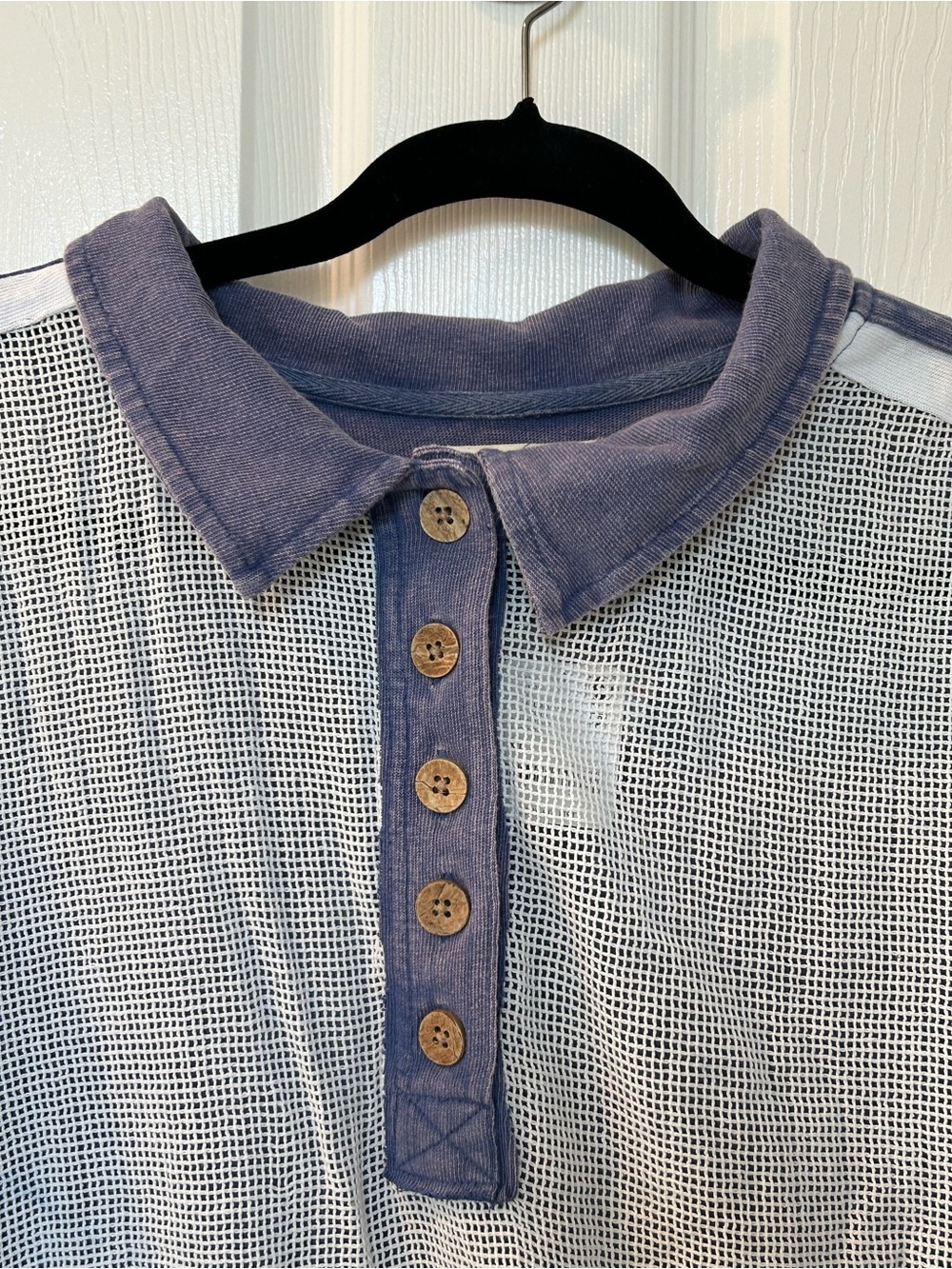 Free People Blue and White Button-Down Mesh Polo